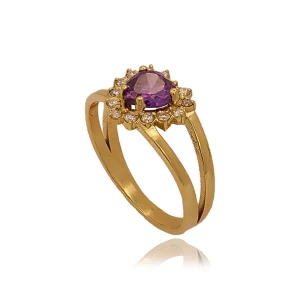 Anel Ouro 18K, Ametista E Diamantes