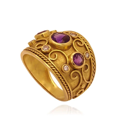 Anel Ouro 18K, Ametistas E Diamantes
