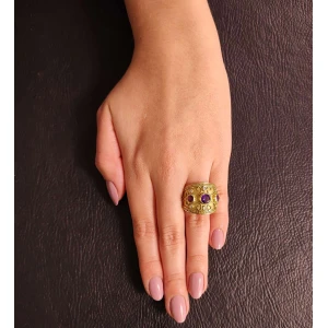 Anel Ouro 18K, Ametistas E Diamantes