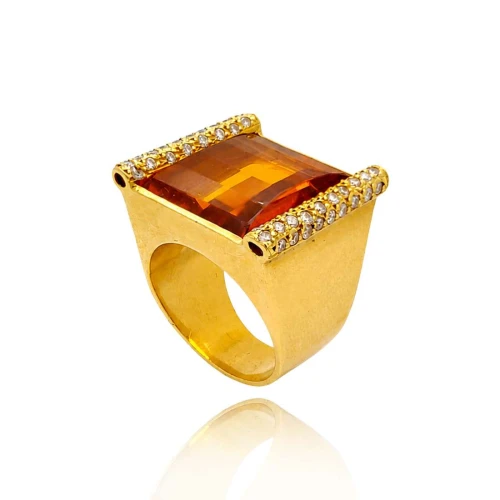Anel Ouro 18K, Citrino E Diamantes