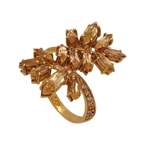 Anel Ouro 18K, Citrinos E Diamantes