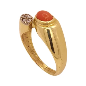 Anel Ouro 18K, Coral E Diamantes