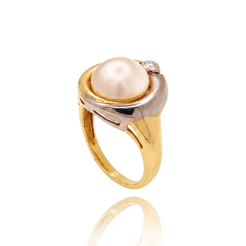 Anel Ouro 18K Duas Cores, Pérola E Diamante