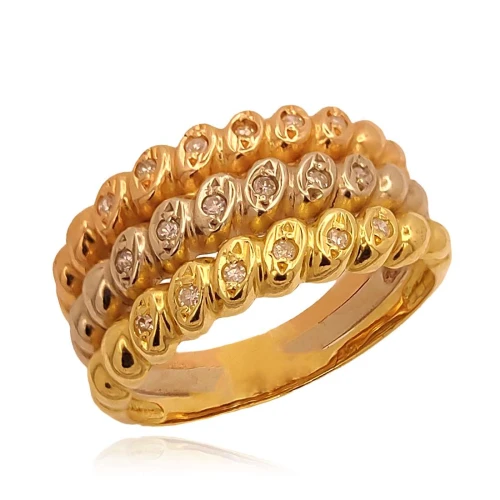 Anel Ouro 18K Em Três Cores e Diamantes