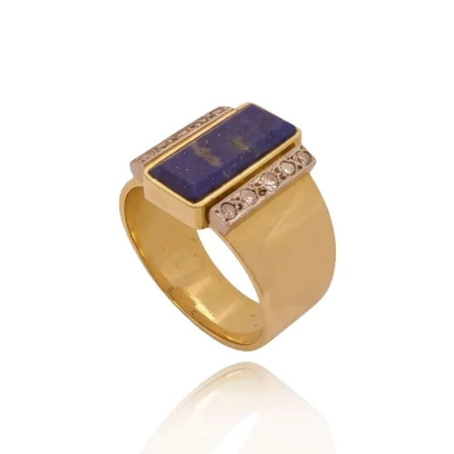 Anel Ouro 18K, Lápis Lazuli E Diamantes