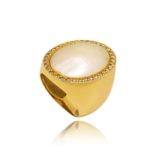 Anel Ouro 18K, Madreperola E Diamantes