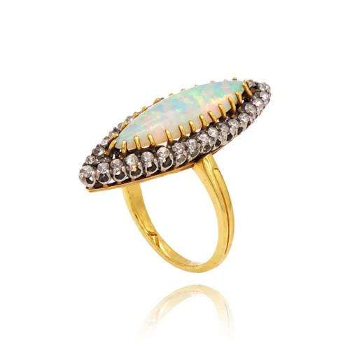 Anel Ouro 18K, Opala E Diamantes