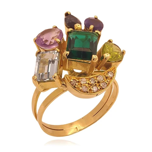 Anel Ouro 18K, Pedras Brasileiras E Diamantes