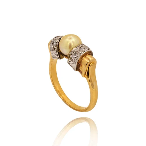 Anel Ouro 18K, Pérola E Diamantes