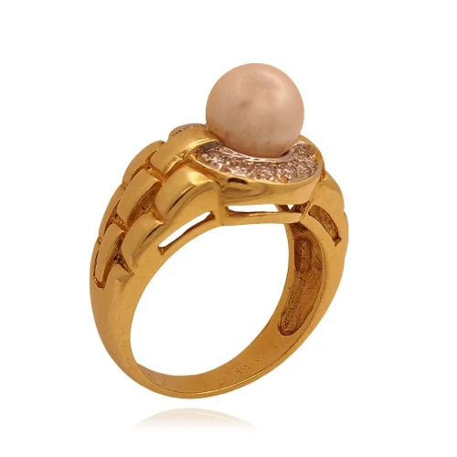 Anel Ouro 18K, Pérola E Diamantes