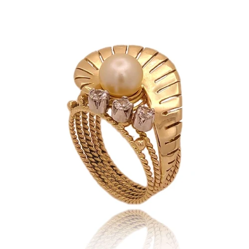 Anel Ouro 18K, Pérola E Diamantes