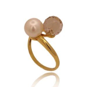 Anel Ouro 18K, Pérola E Quartzo