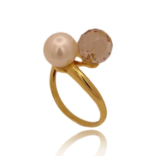 Anel Ouro 18K, Pérola E Quartzo