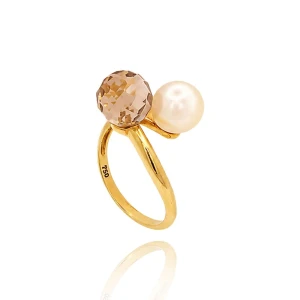 Anel Ouro 18K, Pérola E Quartzo