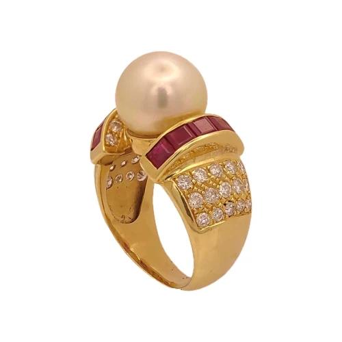 Anel Ouro 18K, Pérola, Rubis E Diamantes