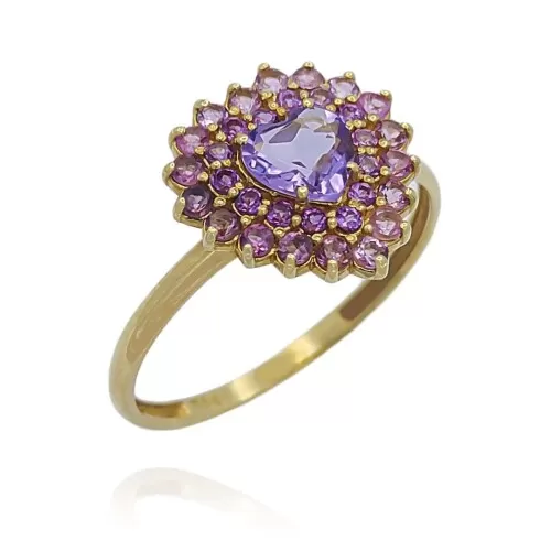 Anel Ouro 18K, Rodolita e Turmalinas