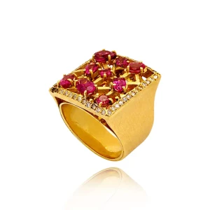 Anel Ouro 18K, Rubelitas E Diamantes