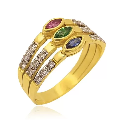 Anel Ouro 18K, Rubi, Safira, Esmeralda E Diamantes