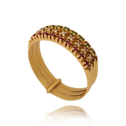 Anel Ouro 18K, Rubis, Esmeraldas E Diamantes