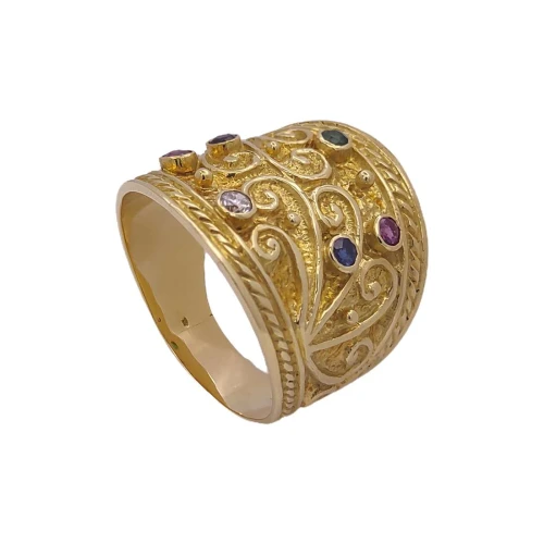 Anel Ouro 18K, Rubis, Safiras, Esmeraldas E Diamante