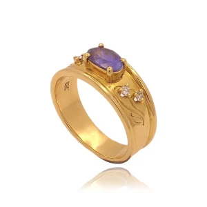 Anel Ouro 18K, Tanzanita E Diamantes