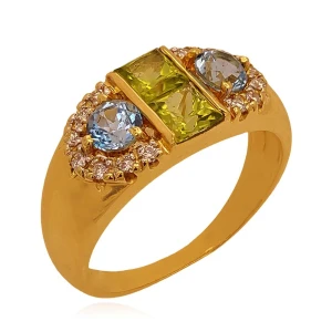 Anel Ouro 18K, Topázios, Peridotos E Diamantes