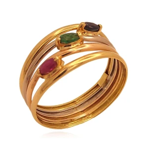 Anel Ouro 18K Três Cores, Rubi, Esmeralda E Safira