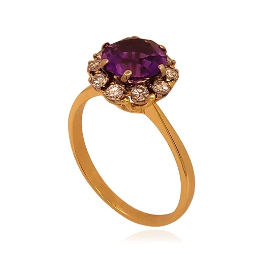 Anel Ouro 18k, Ametista e Diamantes