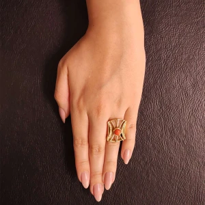 Anel Ouro 18k, Coral E Diamantes