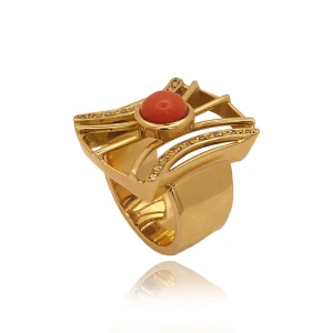 Anel Ouro 18k, Coral E Diamantes
