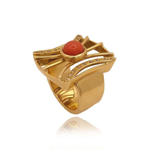 Anel Ouro 18k, Coral E Diamantes