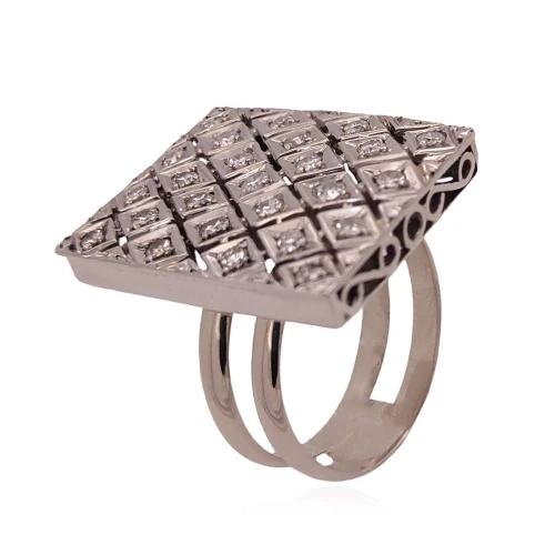 Anel Ouro Branco 18K E Diamantes