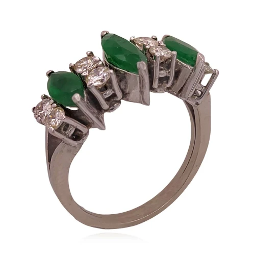 Anel Ouro Branco 18K, Esmeraldas E Diamantes