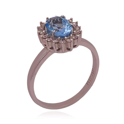 Anel Ouro Branco 18K, Topázio E Diamantes