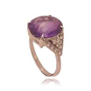 Anel Ouro Branco, Ametista E Diamantes
