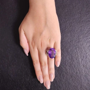 Anel Ouro Branco, Ametista E Diamantes