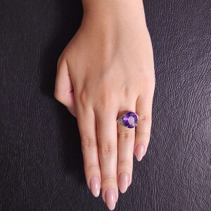 Anel Ouro Branco, Ametista E Diamantes