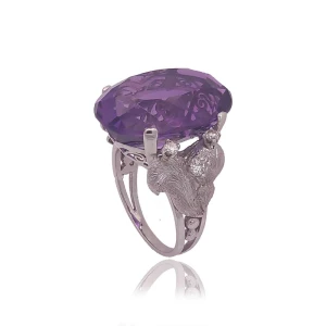 Anel Ouro Branco, Ametista E Diamantes