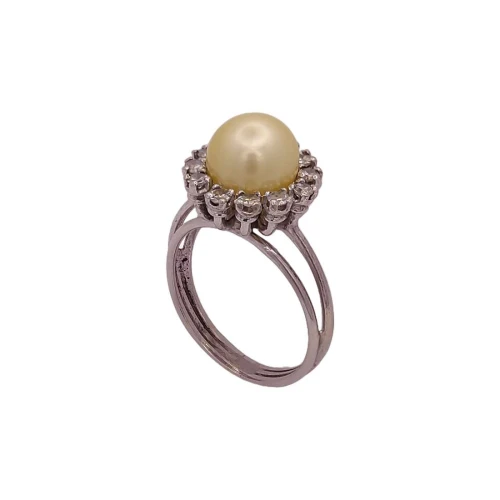 Anel Ouro Branco, Pérola E Diamantes