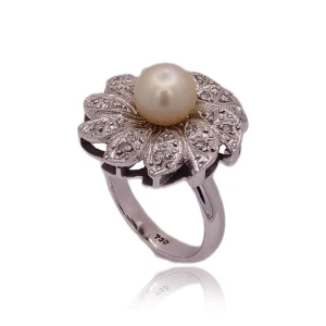 Anel Ouro Branco/Platina, Pérola E Diamantes