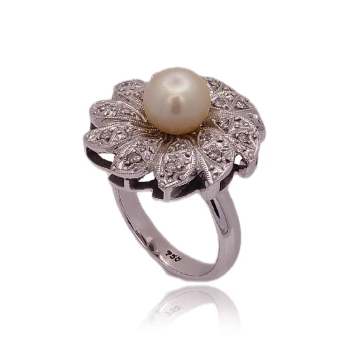 Anel Ouro Branco/Platina, Pérola E Diamantes