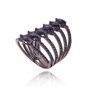 Anel Ouro Branco Ródio Negro E Safiras