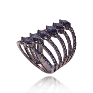 Anel Ouro Branco Ródio Negro E Safiras