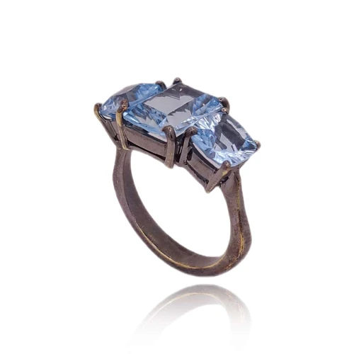 Anel Ouro Branco Ródio Negro E Topázios