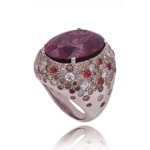 Anel Ouro Branco, Rubelita, Safiras E Diamantes