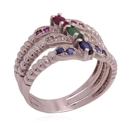 Anel Ouro Branco, Rubis, Safiras, Emeralda E Diamantes