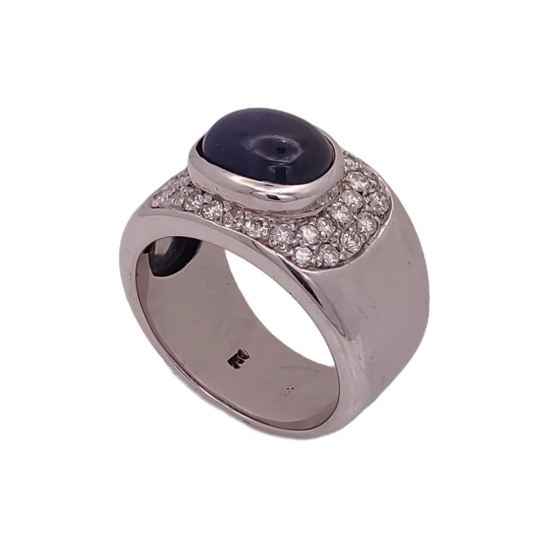 Anel Ouro Branco, Safira Azul E Diamantes Anel Ouro Branco, Safira Azul E Diamantes