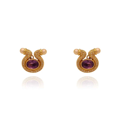 Brincos Ouro 18K, Ametistas, Pérolas E Diamantes