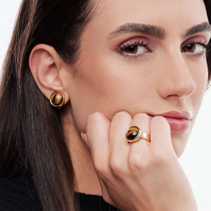 Brincos Ouro 18K E Olhos De Tigre