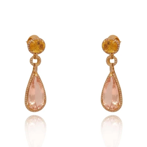 Brincos Ouro 18K, Morganitas, Citrinos E Diamantes